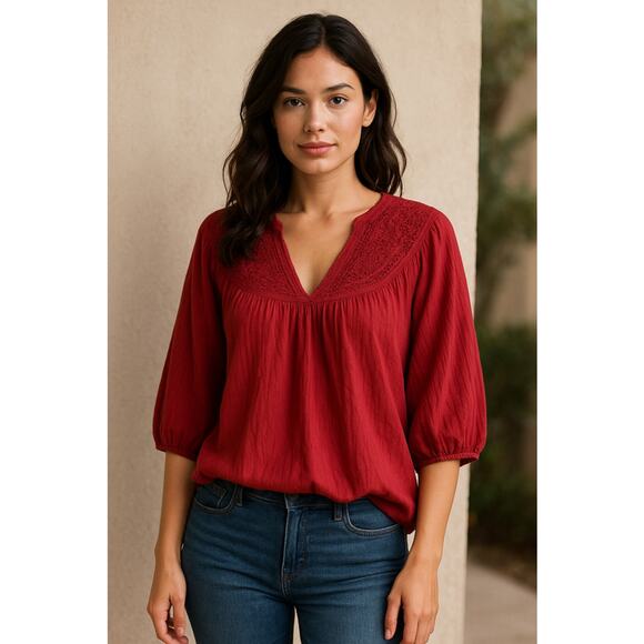 Boho Embroidered Peasant Top Red 3/4 Sleeve Lucky Brand Small - Picture 1 of 6